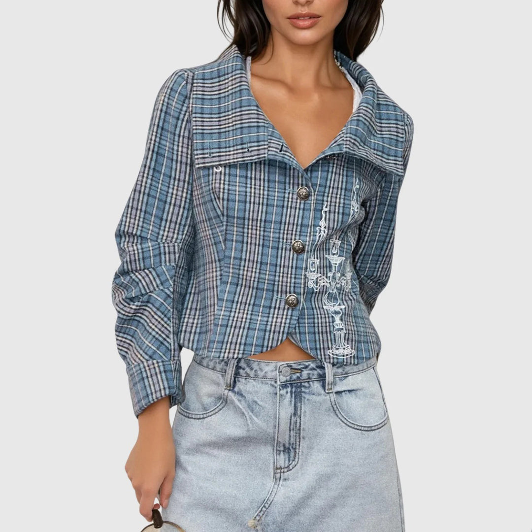 Checkered bomber jacket for women with high collar and unique details Lune London