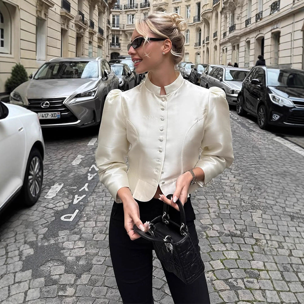 Women Tailored Satin Bolero Jacket with Stand-up Collar & Emphasized Puff Sleeves Amarae
