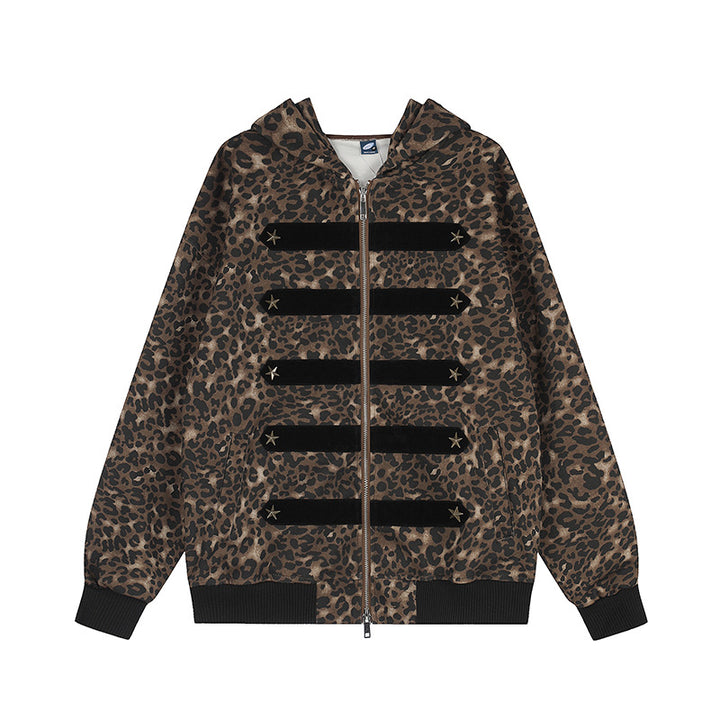Women's hooded sweat jacket with leopard pattern, velour stripes and star studs Amarae