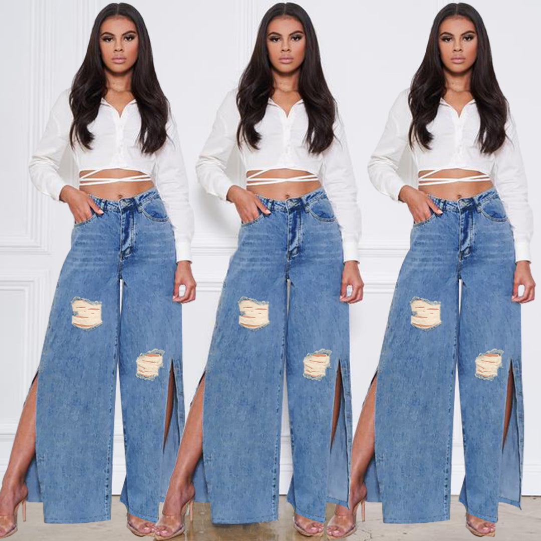 Women's high-cut jeans with wide leg, knee rips, and side leg slits Amarae