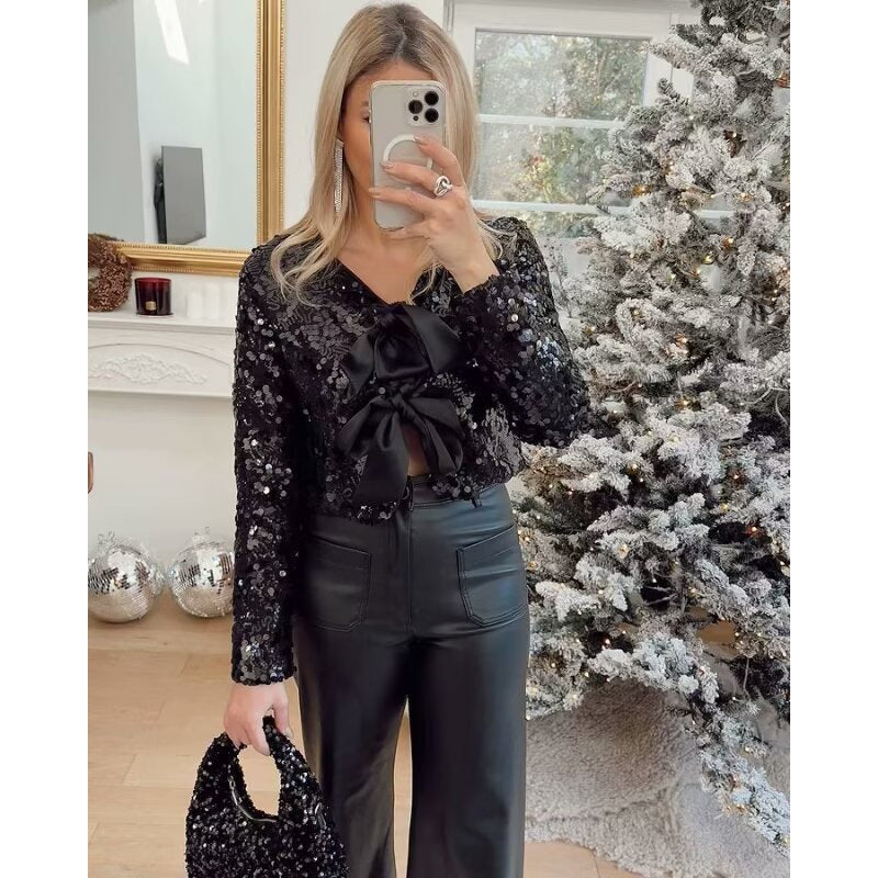 Ladies Short Cut Sequin Jacket with Double Tied Satin Bows Amarae