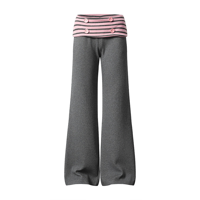 Women's Wide Loungewear Pants with Cuffable Striped Waistband and Decorative Buttons Amarae