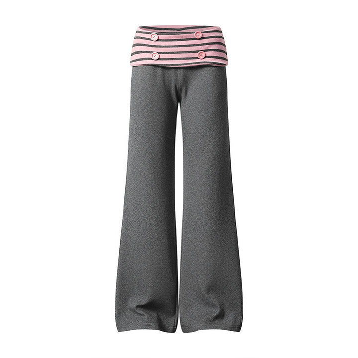 Women's Wide Loungewear Pants with Cuffable Striped Waistband and Decorative Buttons Amarae