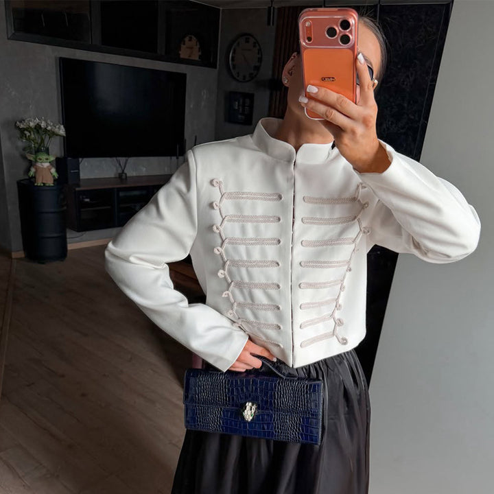Women Cropped Military Blazer with Stand Collar and Decorative Cord Decoration Amarae