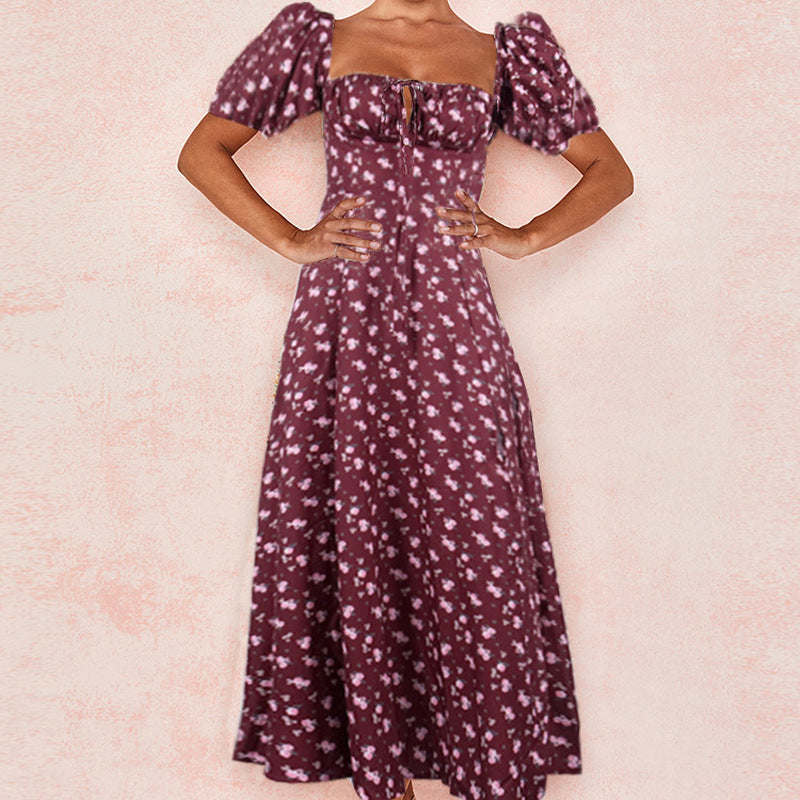 Maxi dress for women with romantic floral print and puff sleeve design Lune London