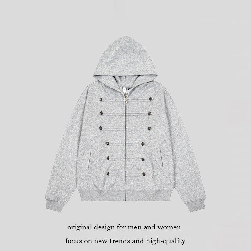 Ladies Hooded Sweat Jacket with decorative Double Button Placket and Zipper Amarae
