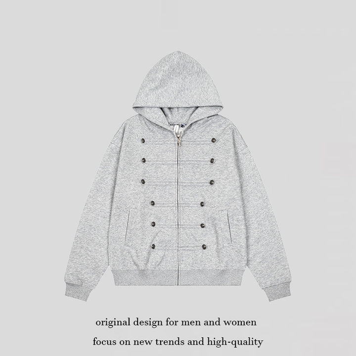 Ladies Hooded Sweat Jacket with decorative Double Button Placket and Zipper Amarae