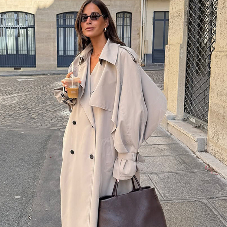 Women Oversize Trench Coat made of lightweight Gabardine with shoulder flaps and waterfall collar Amarae
