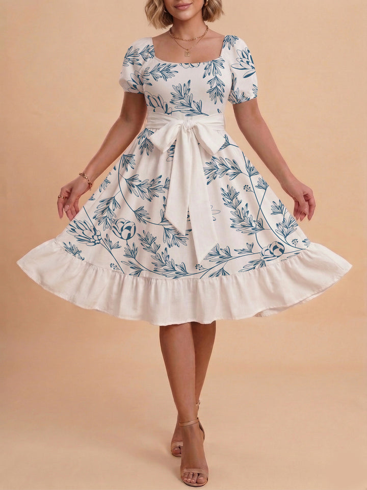 Women's Midi Dress with Elegant Floral Print and Fitted Belt Lune London