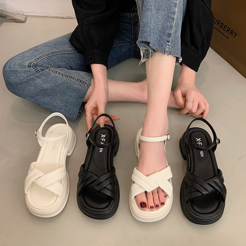 Women's sandals with stylish crossed straps and a comfortable block heel Lune London