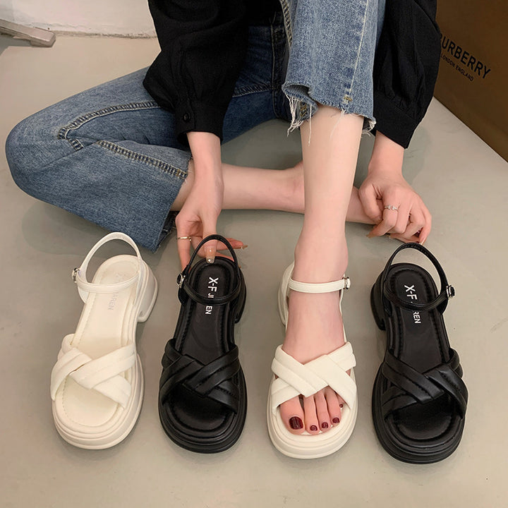 Women's sandals with stylish crossed straps and a comfortable block heel Lune London