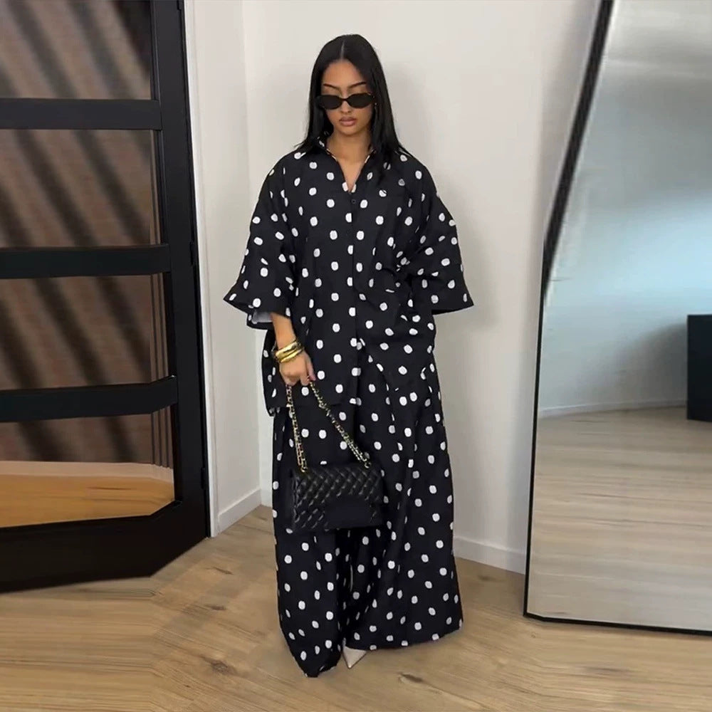 Women's Two-Piece Oversized Blouse and Palazzo Pants Set with Polka Dot Pattern Amarae