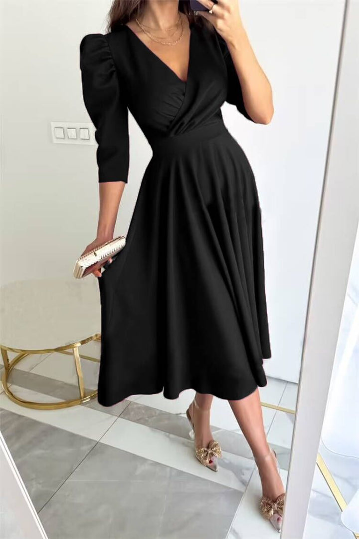 Lune London A-line festive dress for women with puff sleeves and V-neck