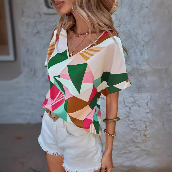 Ladies V-neck top geometric print Lune London