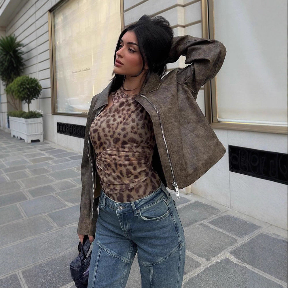 Women's Short Boxy Jacket in Vintage Suede Look with Distinctive Metal Zipper Amarae