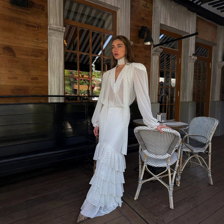 Women's Maxi Dress in Chiffon with Wrap Top, Bow and Tiered Ruffle Skirt Amarae