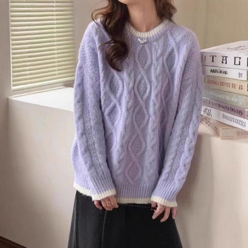 Chunky knit sweater for women with twisted pattern and contrasting collar finish Amarae