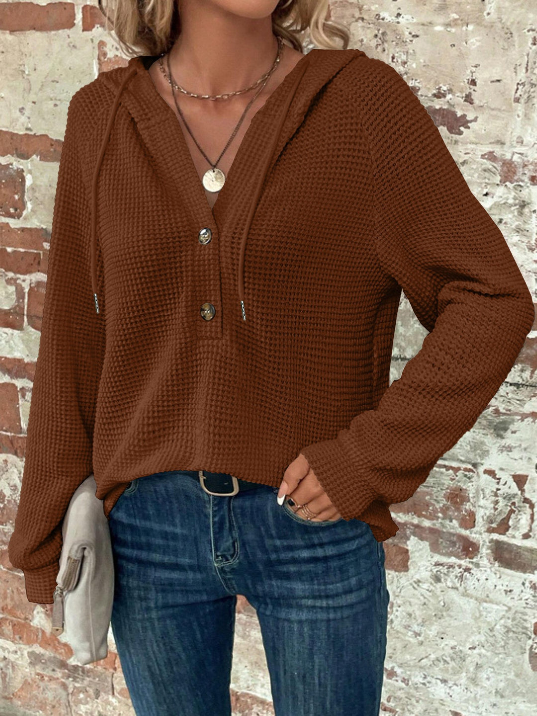 Women Waffle Knit Hoodie with Henley Button Placket and Oversized Cut Amarae