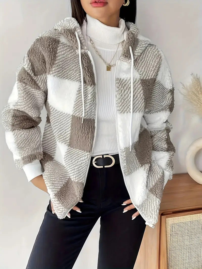 Ladies Cozy Hooded Jacket in Chic Checkered Design