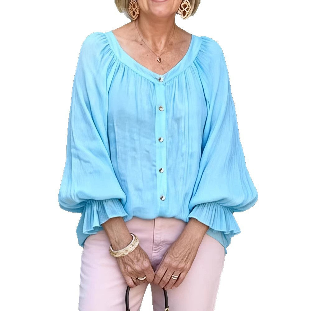 Women Elegant Blouse Shirt with Ruffled Sleeves and Button Placket Lune London
