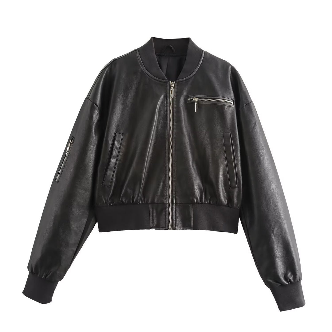 Women's leather bomber jacket with innovative zipper detail Lune London