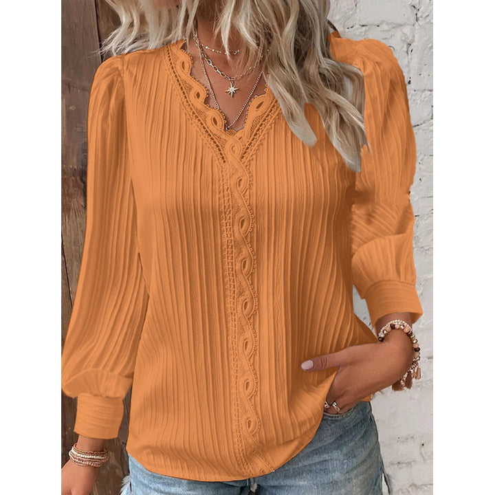 Women Pleated V-Neck Blouse with Lace Trim and Balloon Sleeves Amarae