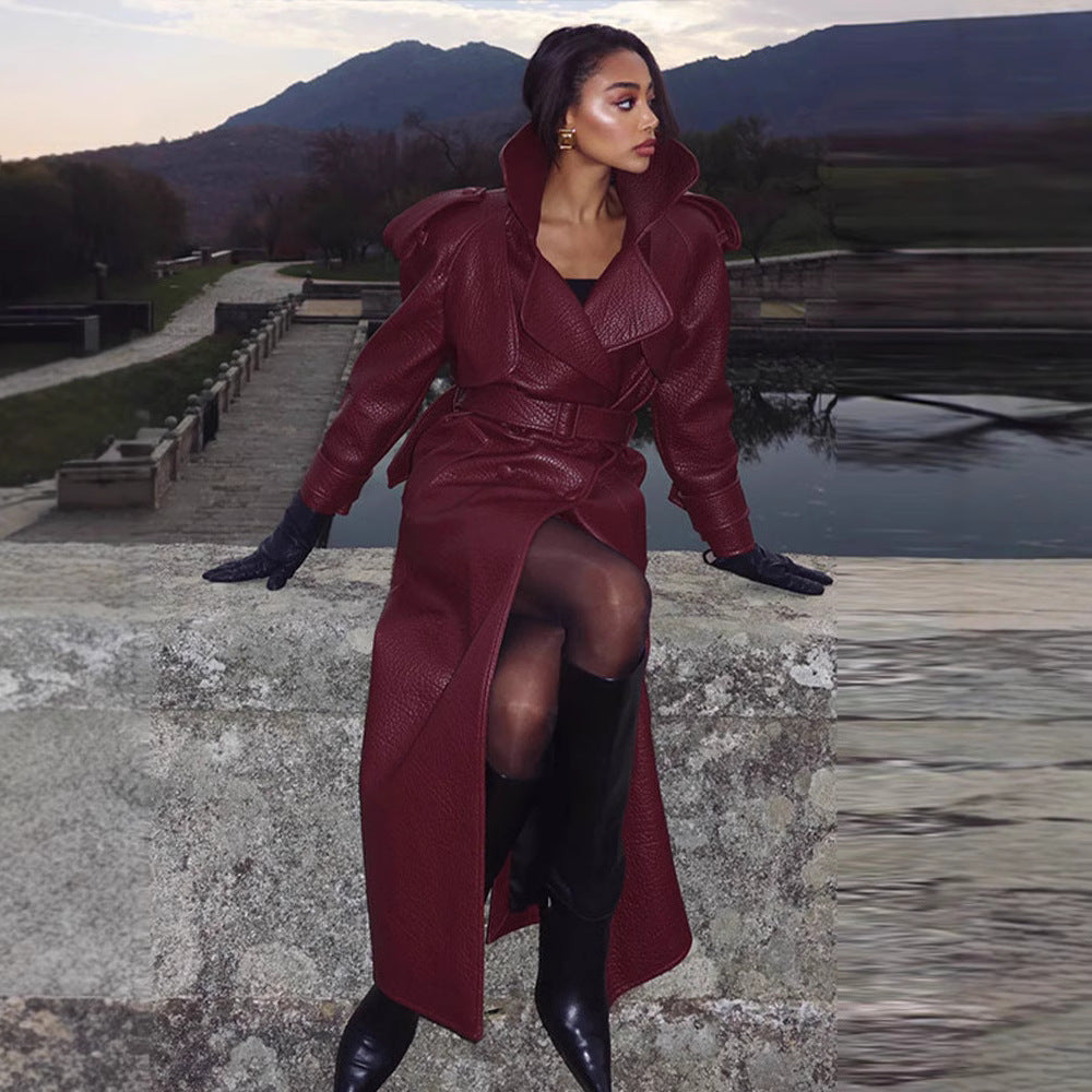 Women's Faux Leather Trench Coat with Top and Waist Belt Lune London