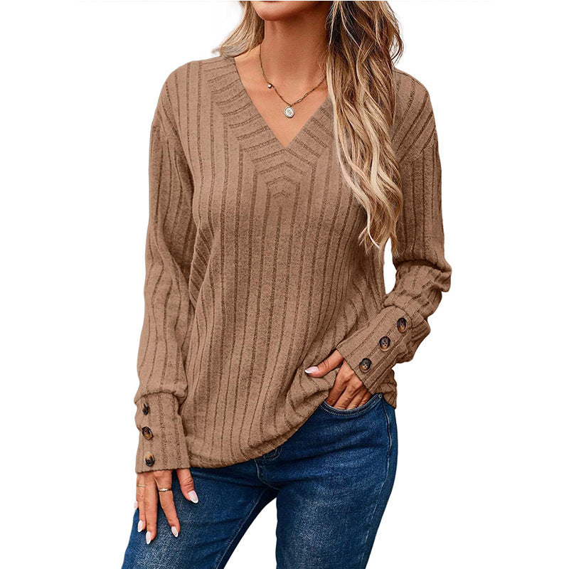 Women's Ribbed V-Neck Knit Sweater with Button Cuffs Amarae