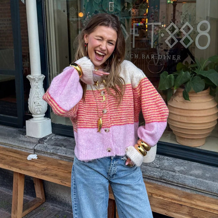 Women's Short Knit Cardigan made of Mohair Blend with Stripes, Button Placket and Balloon Sleeves Amarae