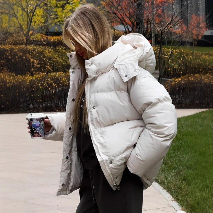 Ladies Short Windproof Quilted Puffer Jacket with Removable Hood and High Stand Collar Amarae