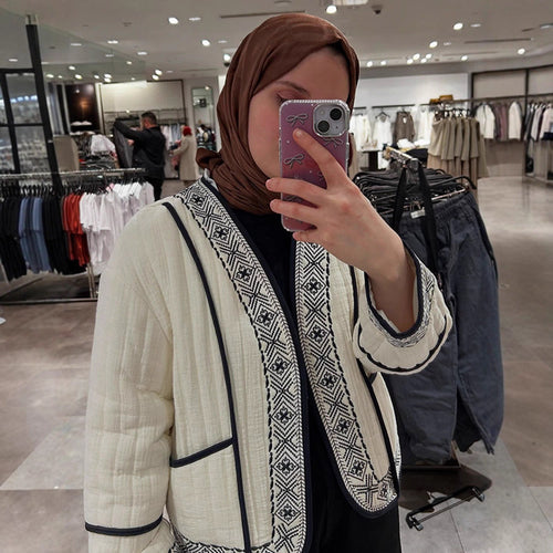 Women Quilted Kimono Cardigan with Geometric Embroidery Amarae
