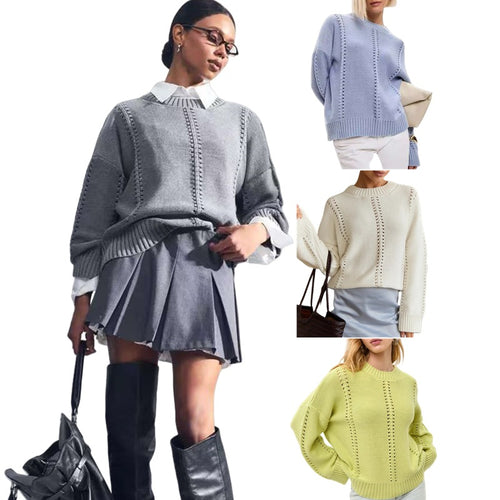 Oversized knit sweater for women with a fine openwork pattern and wide ribbed finish Amarae