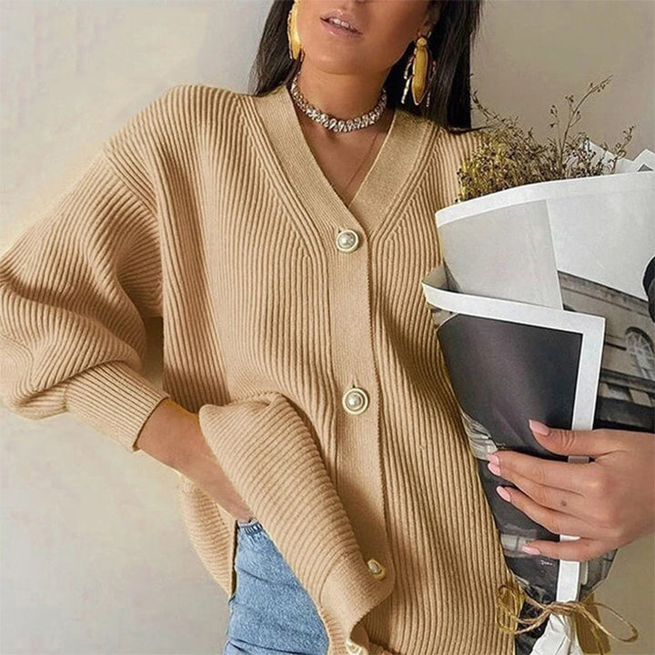 Chunky knit cardigan for women with elegant pearl buttons Lune London