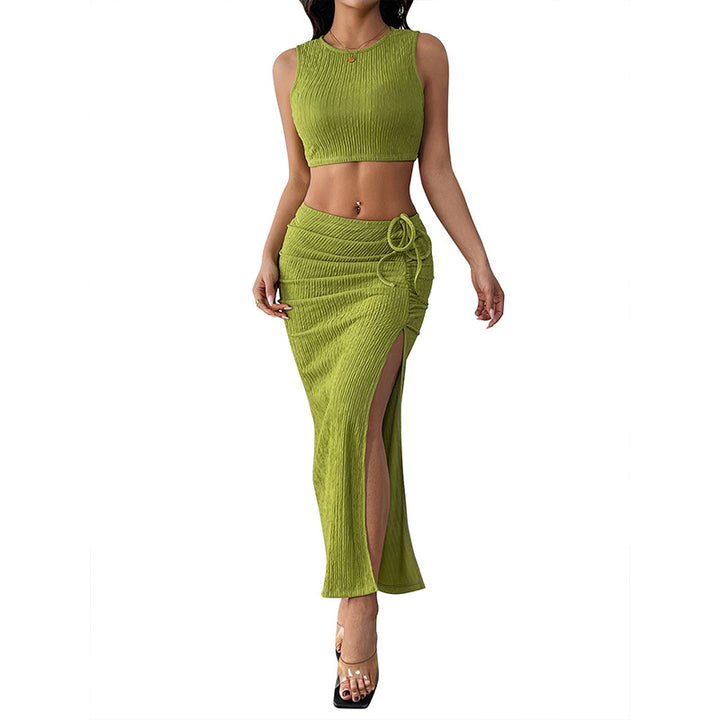 Women Chic and Stylish Coordinated Short Top and High Slit Maxi Skirt