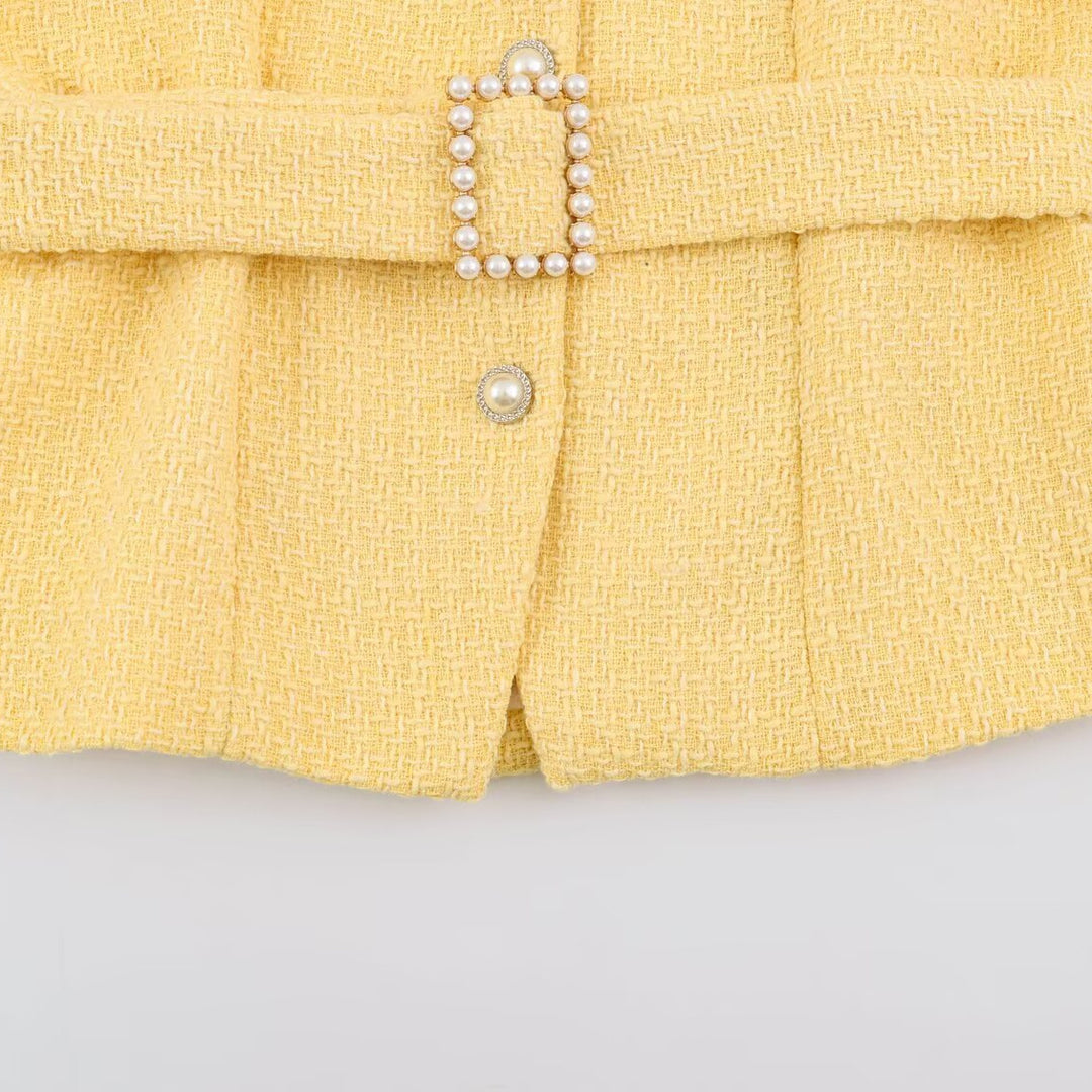 Women's short jacket in boucle tweed style with pearl buttons and waist belt Amarae