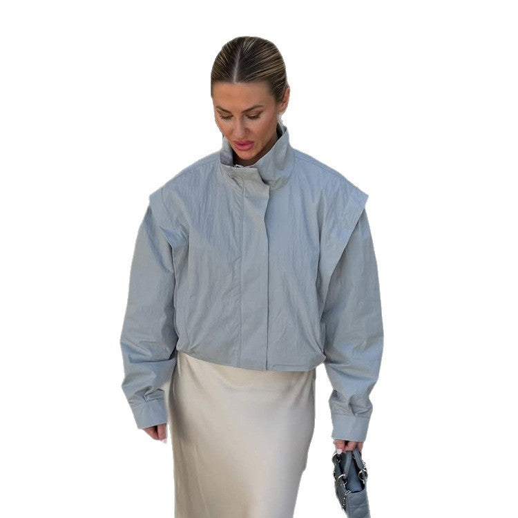 Ladies Cropped Transitional Jacket with Stand Collar and Emphasized Shoulder Area Amarae