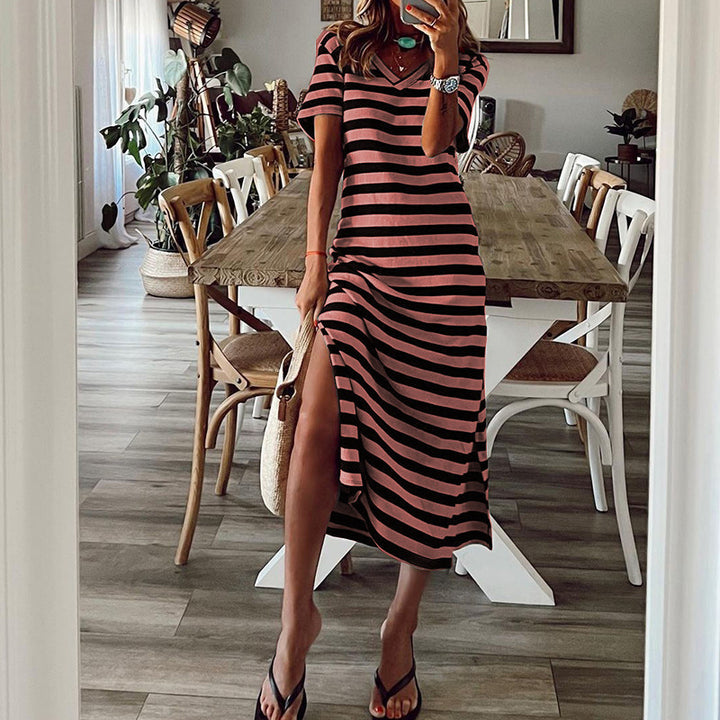 Maxi dress for women with deep side slit and trendy striped pattern Lune London