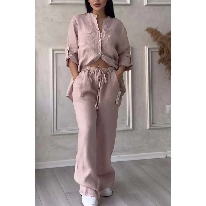 Women's Wide Linen Blend Pants with High Elastic Waistband, Drawstring and Palazzo Silhouette Amarae