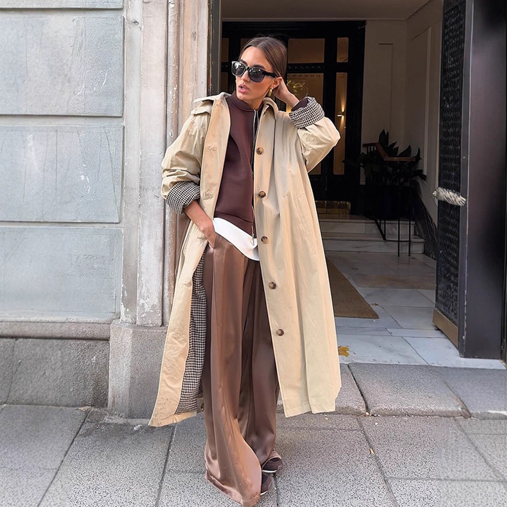 Women's Maxi Long Trench Coat with Check Lining, Wide Fall & Classic Button Placket Amarae