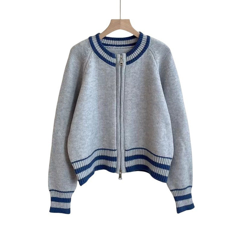 Cardigan en tricot à la mode pour femmes avec fermeture éclair et motif rayé sportif Chic & Stil
