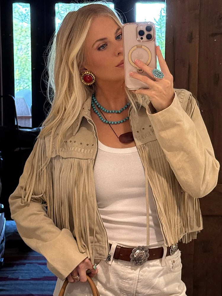Women's Cropped Suede-Style Fringe Jacket with Stud Application Amarae