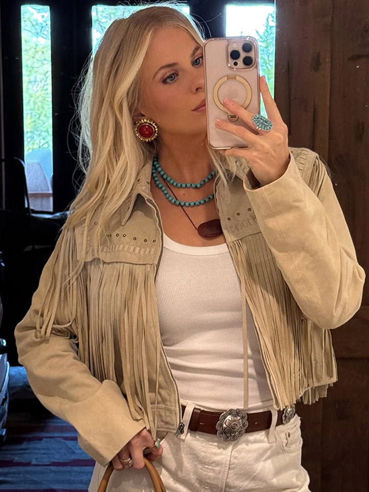 Women's Cropped Suede-Style Fringe Jacket with Stud Application Amarae