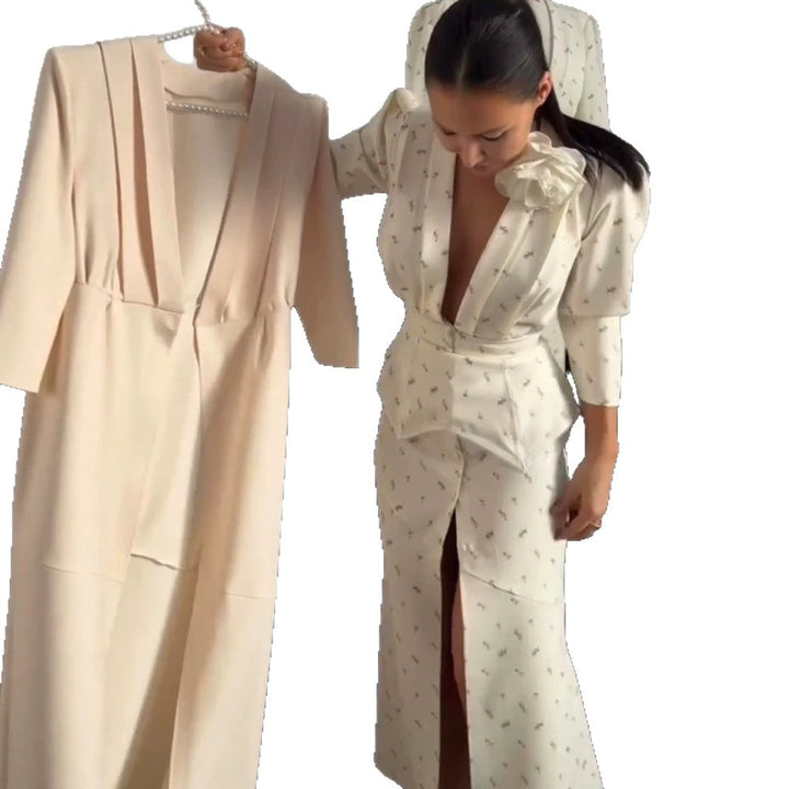 Women tailored pantsuit set with deep V-neck, structured peplum waist and fine floral jacquard Amarae