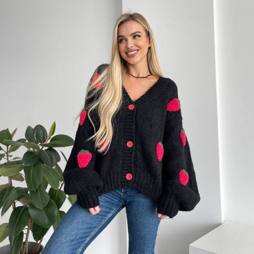 Women's knitted jacket with a playful strawberry pattern and wide sleeves Amarae