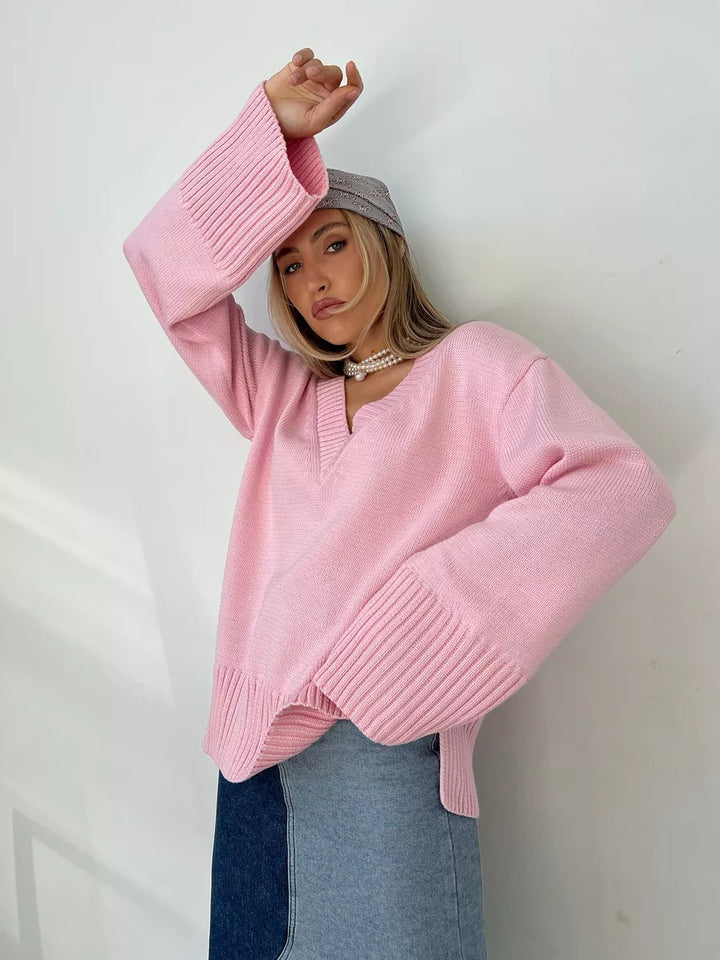 Women Elegant Knit Sweater with V-neck and Soft Material Lune London