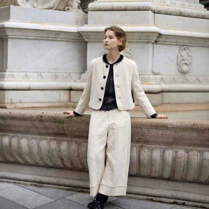 Women's Two-Piece Boucle Set with Short Jacket, Contrasted Round Neckline and Wide Culotte Pants Leg Amarae
