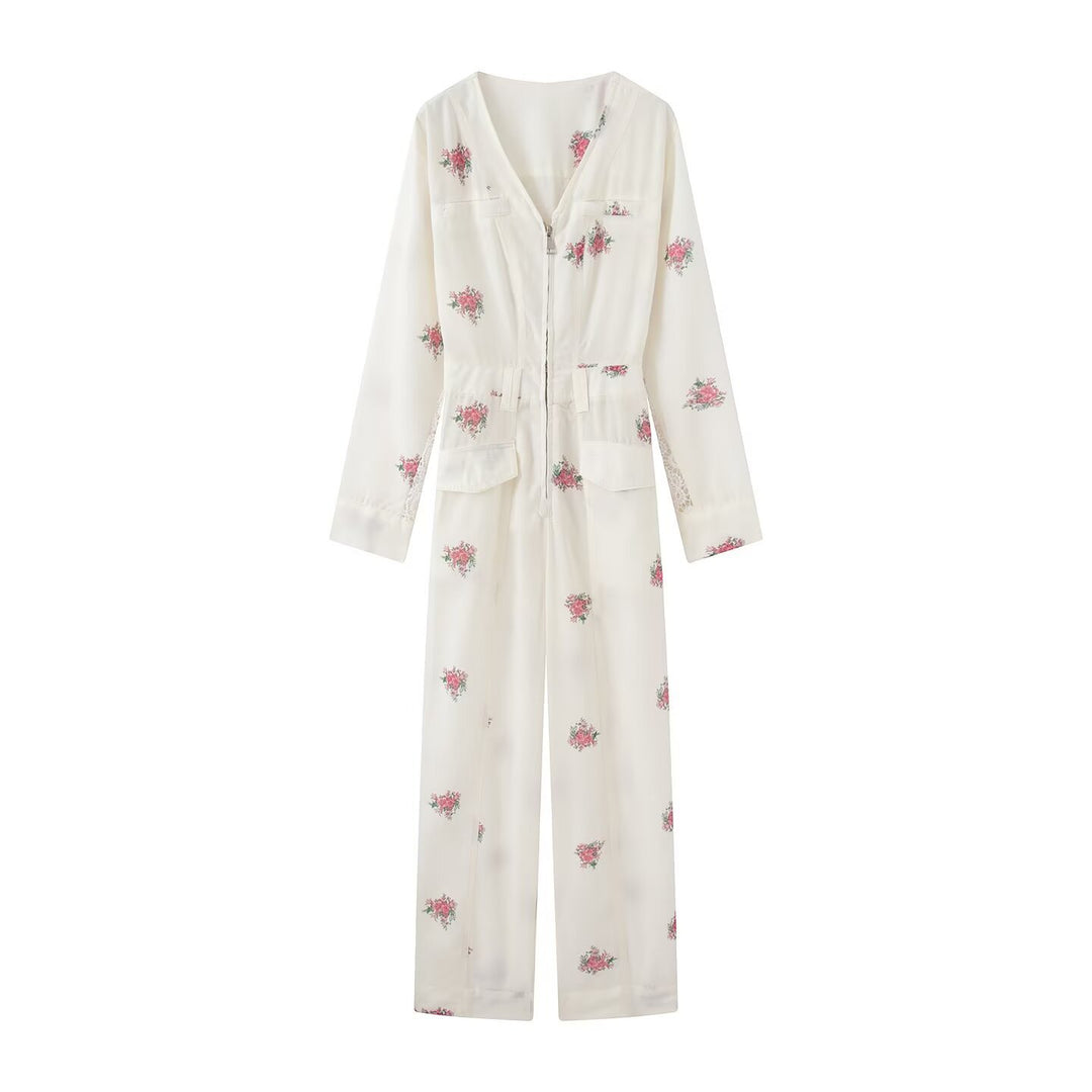 Women Long Jumpsuit with Floral Print, V-Neck, Zipper and Drawstring Amarae