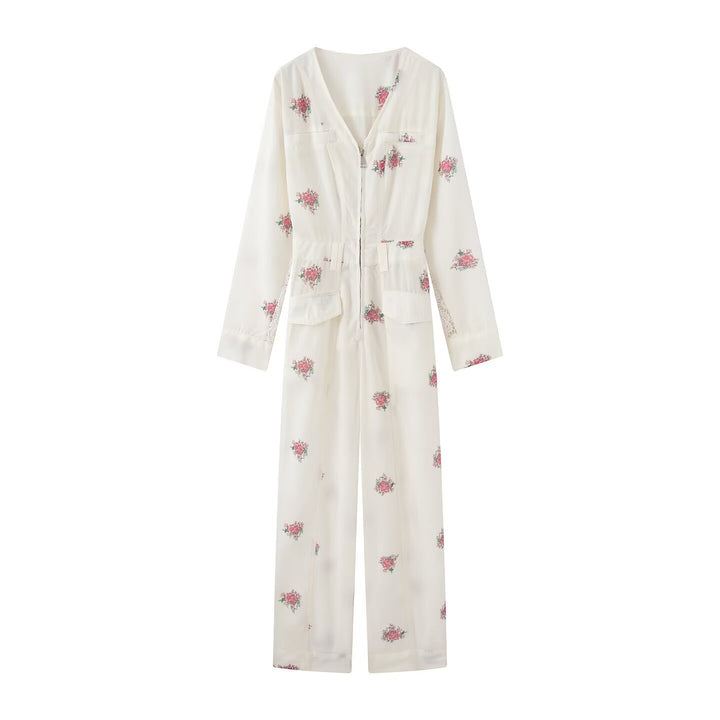 Women Long Jumpsuit with Floral Print, V-Neck, Zipper and Drawstring Amarae