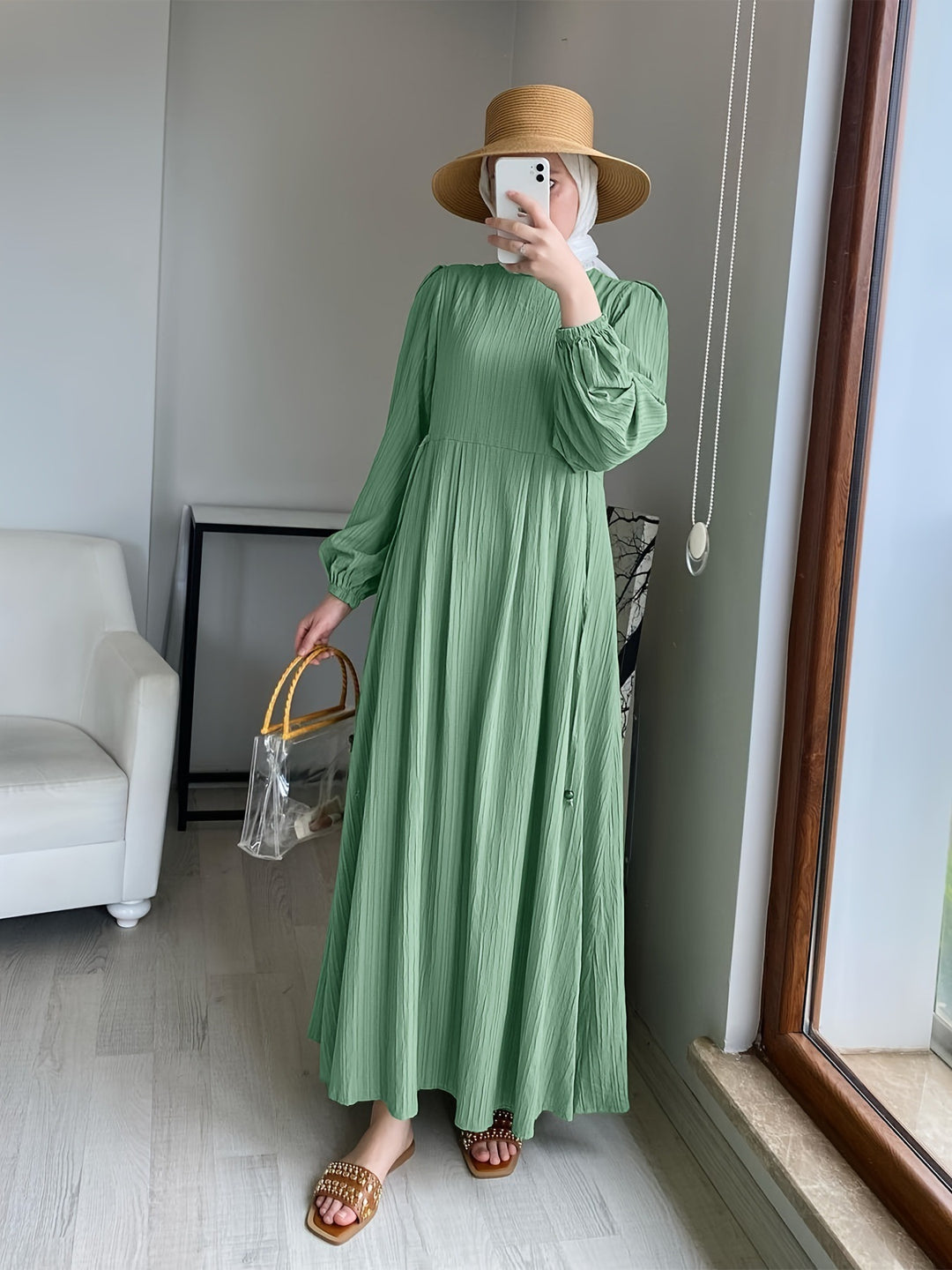 Maxi dress for women with elegant draping and elastic sleeves Lune London