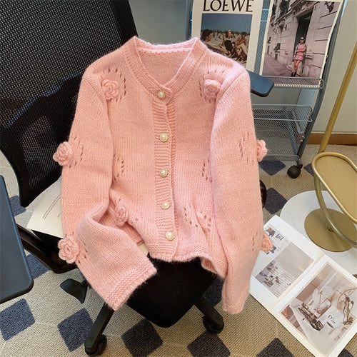 Knitted jacket for women with elegant rose appliqués and button closure Amarae